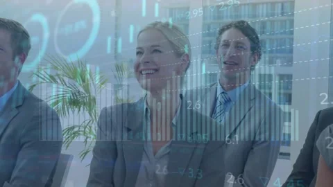 Animation of data processing and diagrams over caucasian business people at Stock Footage 329110555