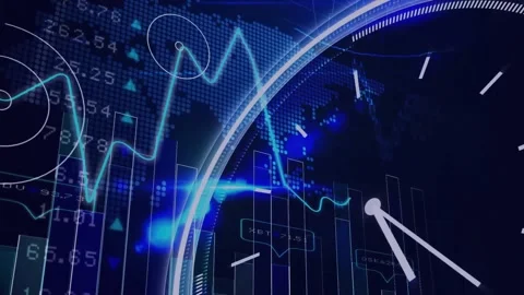 Animation of data processing and diagrams over clock and world map Stock Footage 329518025