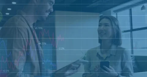 Animation of data processing and diagrams over diverse colleagues talking and Stock Footage 329920646