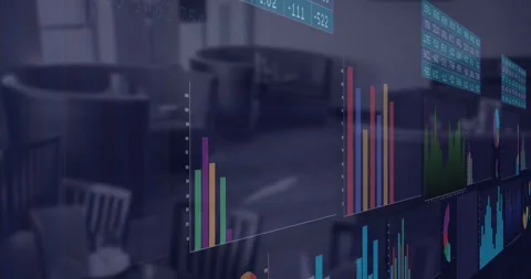 Animation of data processing and diagrams over office Stock Footage 330407766
