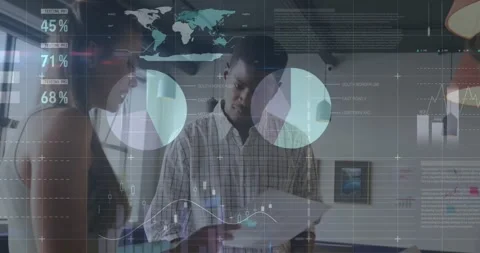 Animation of data processing and diagrams over diverse colleagues discussing Stock-Footage 330664700