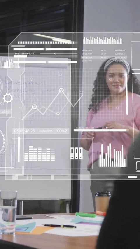 Animation of data processing and diagrams over diverse colleagues discussing Vídeos de archivo 341660011