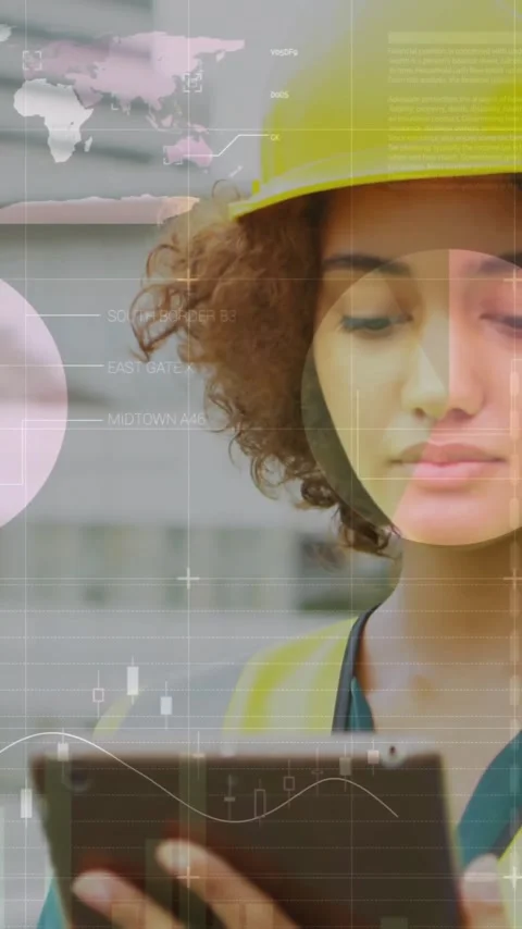 Animation of data processing and diagrams over female worker using tablet Stock Footage 341956741