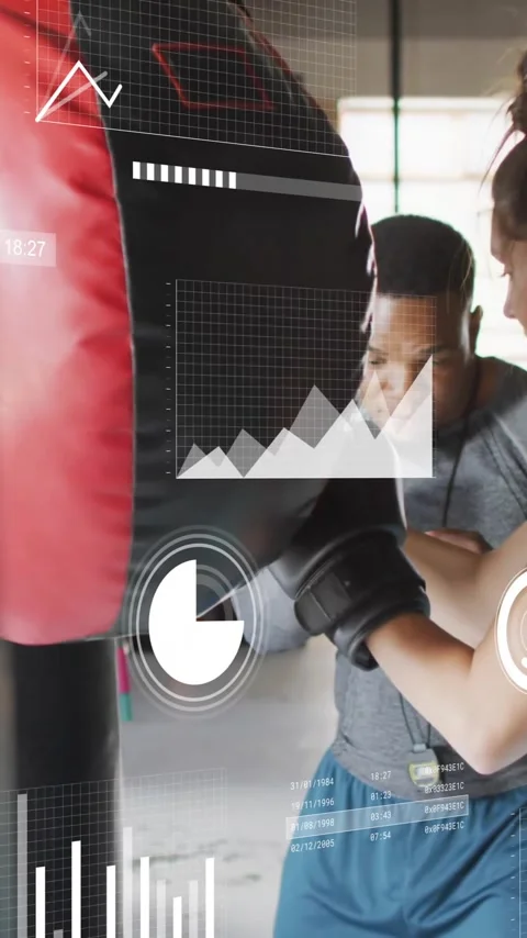 Animation of data processing and diagrams over couple boxing at gym Vídeo Stock 342805985