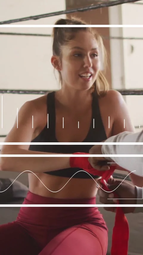 Animation of data processing and diagrams over couple exercising at gym Vídeo Stock 342812147