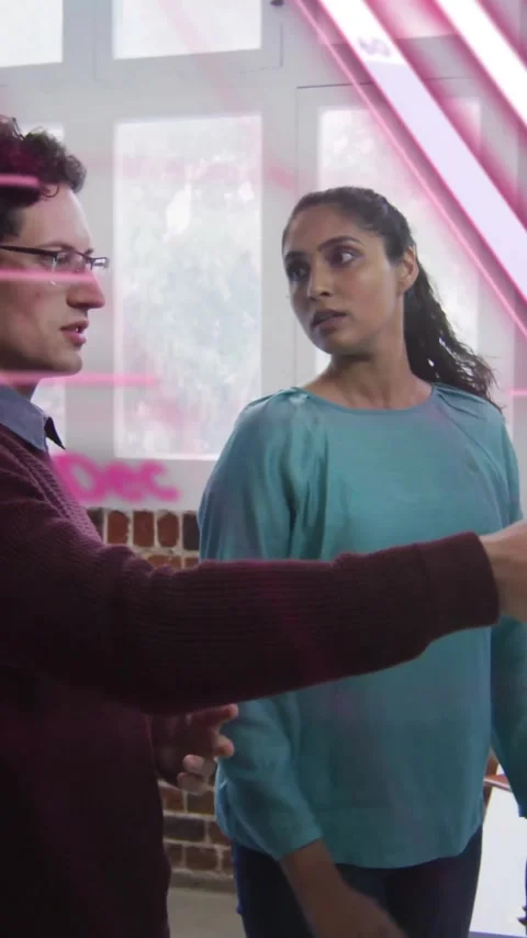 Animation of data processing and diagrams over diverse colleagues discussing Stock Footage 342812418