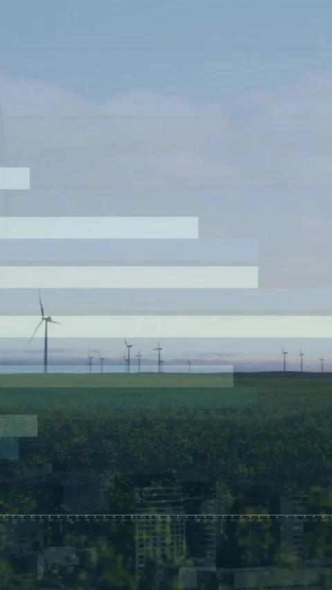 Animation of data processing and diagrams over wind turbines on field Stock Footage 342953117