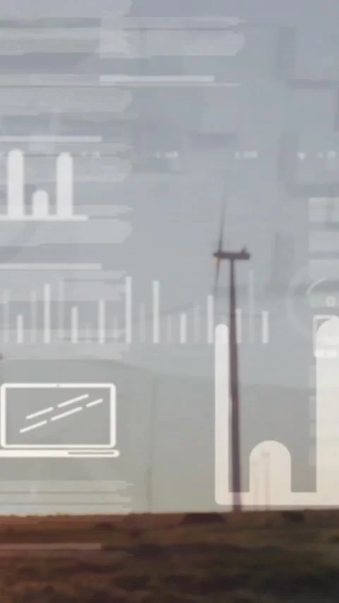 Animation of data processing and diagrams over wind turbines on field Stock Footage 343027615