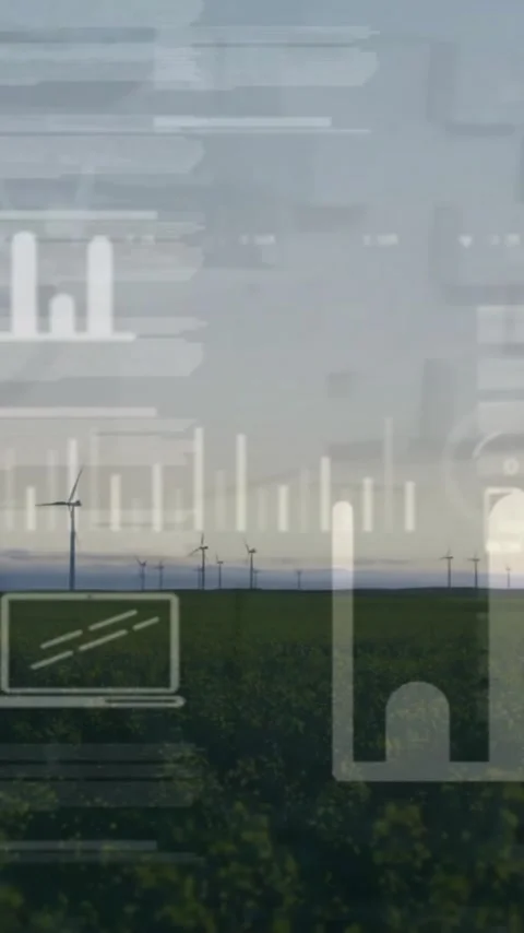 Animation of data processing and diagrams over wind turbines on field Stock Footage 343027627