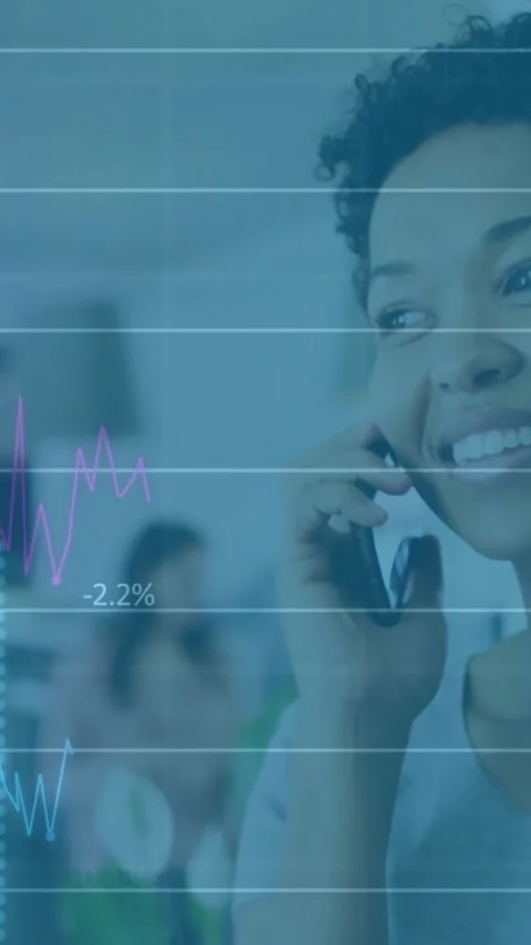 Animation of data processing and diagrams over woman talking on smartphone Stock Footage 343504649