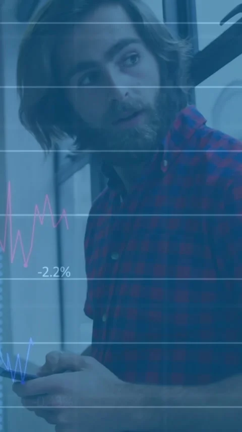 Animation of data processing and diagrams over caucasian man using smartphone Stock Footage 343504660