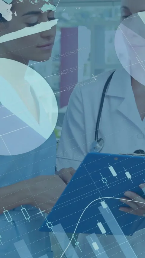 Animation of data processing and diagrams over diverse female doctors talking in Stock Footage 343504791