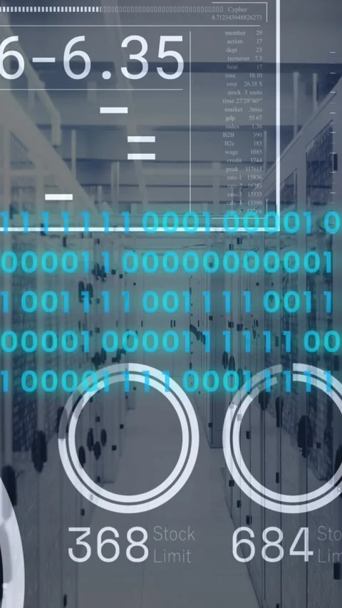 Animation of data processing and diagrams over server room Stock Footage 343548039