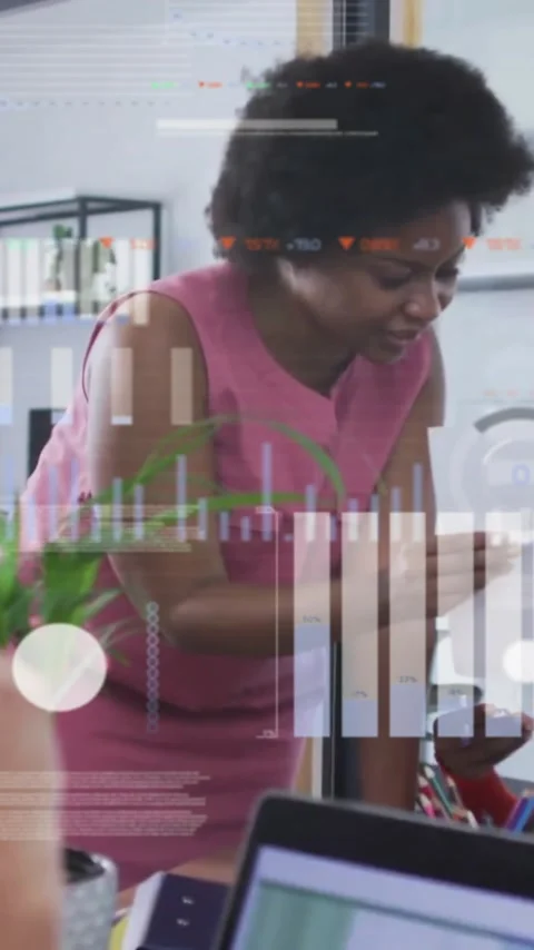 Animation of data processing and diagrams over diverse business people talking Stock Footage 343614760