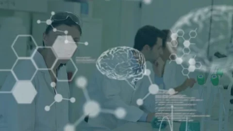 Animation of data processing and digital brain over diverse scientists in lab 库存影片 216995885