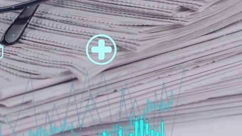 Animation of data processing and digital icons against close up of stack of Stock Footage 234948409