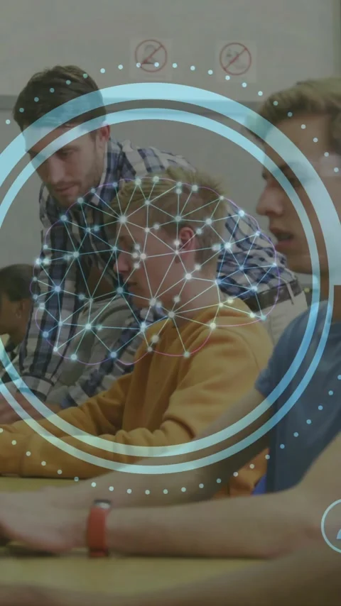 Animation of data processing and digital brain over diverse students with Stock Footage 320165311