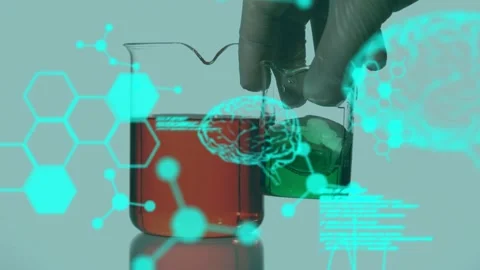 Animation of data processing and digital brain over beakers with liquid Video stock 326425665