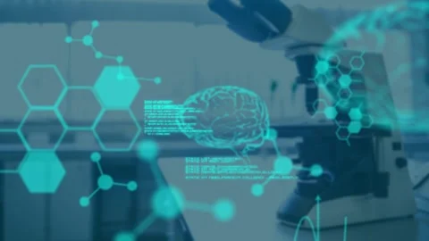 Animation of data processing and digital brain over empty lab Stock Footage 326877546