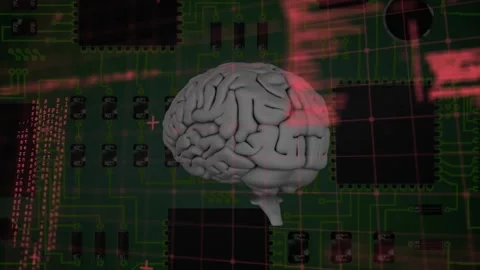 Animation of data processing and digital brain over computer circuit board on Stock Footage 327707333