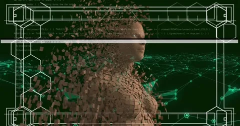 Animation of data processing and digital human over shapes on black background Видео 327783192
