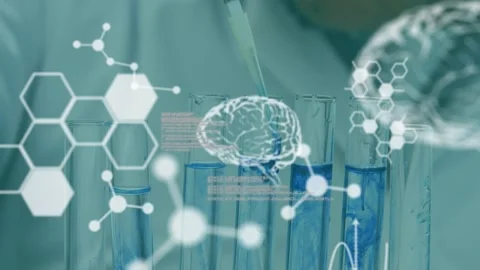 Animation of data processing and digital brain over test tubes with liquid Stock Footage 327956031