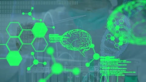 Animation of data processing and digital brain over caucasian female scientist Stock Footage 328086544