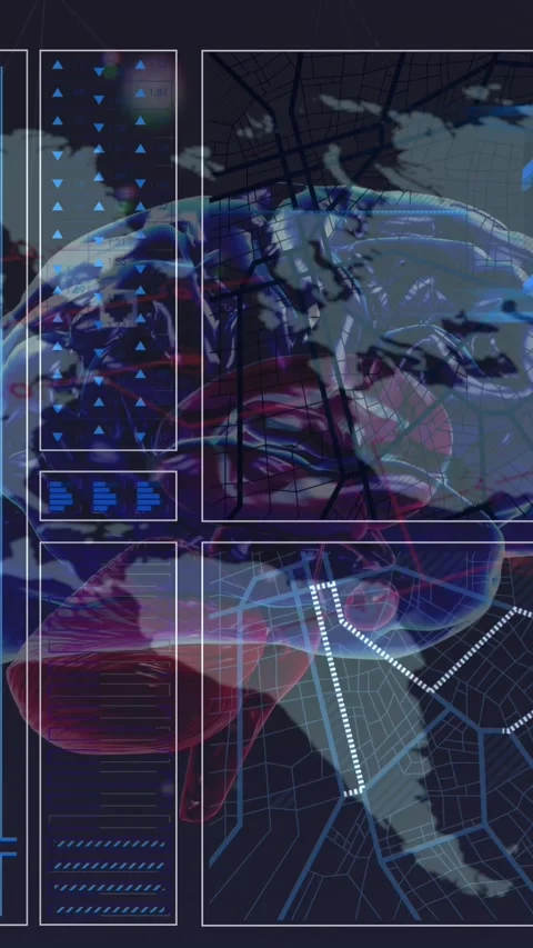 Animation of data processing and digital brain over world map Stock Footage 342915209
