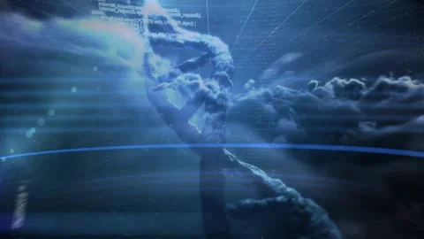 Animation of data processing and dna strand over clouds on black background Stock Footage 162967030