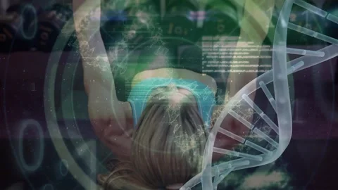 Animation of data processing and dna strands over caucasian woman at gym Stock Footage 326630405