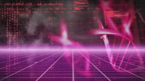 Animation of data processing and dna structures spinning over pink grid network Stock Footage 328836154