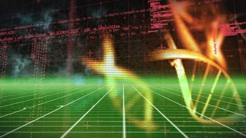 Animation of data processing and dna structures spinning over green grid network Stock Footage 329288895