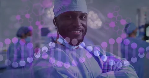 Animation of data processing and dna strand over diverse surgeons wearing face Stock Footage 330407777