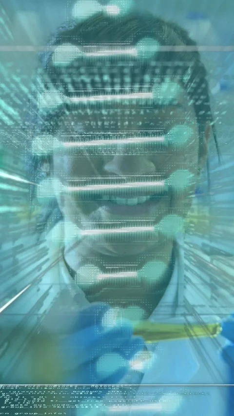 Animation of data processing and dna strand over female scientist in lab Stock Footage 344524588