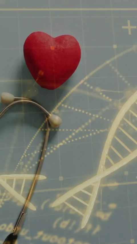 Animation of data processing and dna strands over heart and stethoscope Stock Footage 344803486