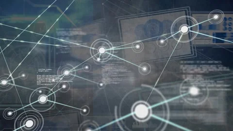 Animation of data processing and dots connecting with multiple lines and digital 스톡 동영상 330336700