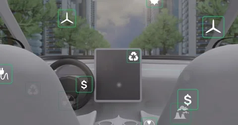Animation of data processing and ecology icons over city and car Stock Footage 330771580