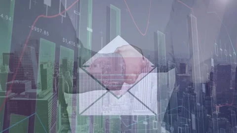 Animation of data processing and email icon over diverse business people shaking Video stock 327059611