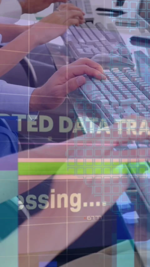 Animation of data processing and encrypted data over hands of diverse call Stock Footage 322209942