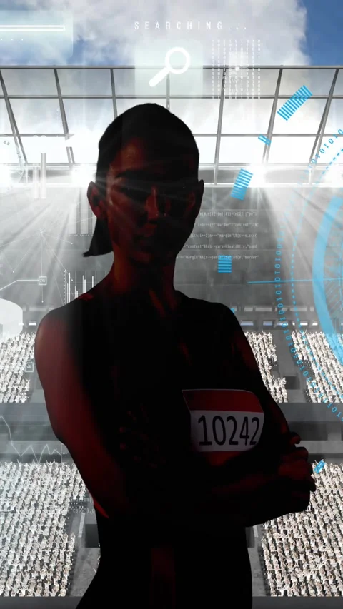 Animation of data processing and female athlete over sports stadium Vídeos de archivo 341660101