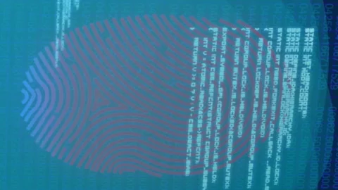 Animation of data processing and fingerprint over binary code on navy background Stock Footage 312726319