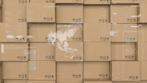 Animation of data processing and globe spinning over stack of cardboard boxes in Stock Footage 157929667