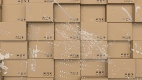 Animation of data processing and globe spinning over stack of cardboard boxes in Stock Footage 157929670