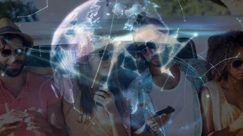 Animation of data processing and globe over diverse people using technology Stock Footage