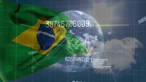 Animation of data processing and globe over flag of brasil Stock Footage 327196889