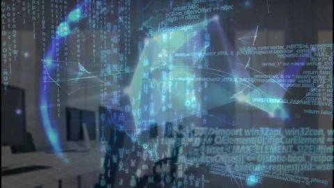Animation of data processing and globe of plexus networks against empty office Stock Footage 328145683