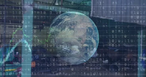 Animation of data processing and globe over rubbish dump Video stock 328149156