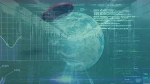 Animation of data processing and globe over chip and server room Stock Footage 328354331