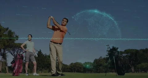 Animation of data processing and globe over caucasian man playing golf at the Stockbeeldmateriaal 329699093