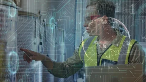 Animation of data processing and globe over caucasian male worker using laptop Stock Footage 330335194